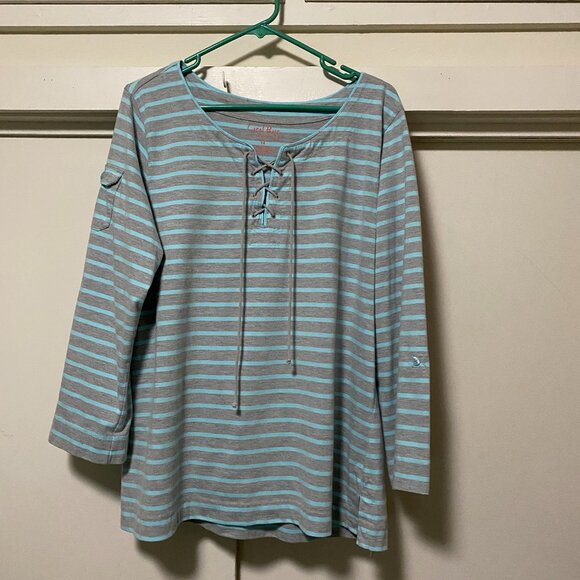 Coral Bay, long sleeve, gray & mint green striped tunic w/front tie, size 1X - Picture 1 of 10